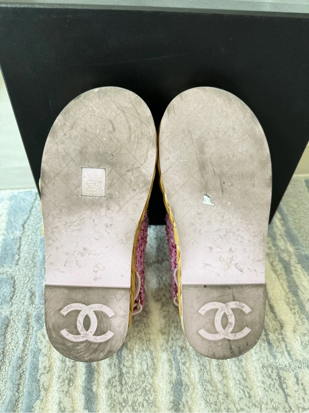 Chanel Pink and Red Tweed Dad Sandals Braided Raffia Sole Pink CC Logos 22P